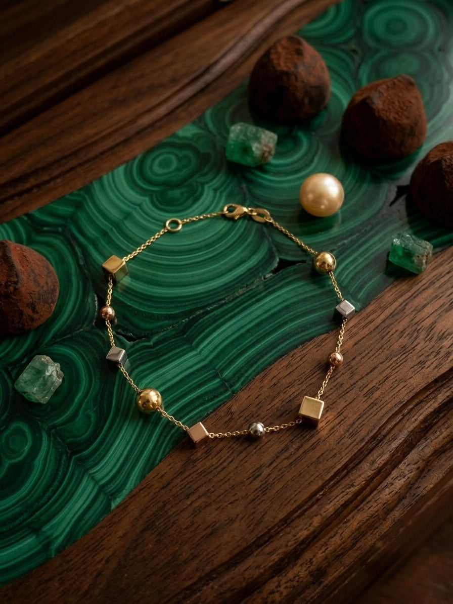 18k Solid Tricolor Gold Geometric Station Bracelet | Italian Crafted