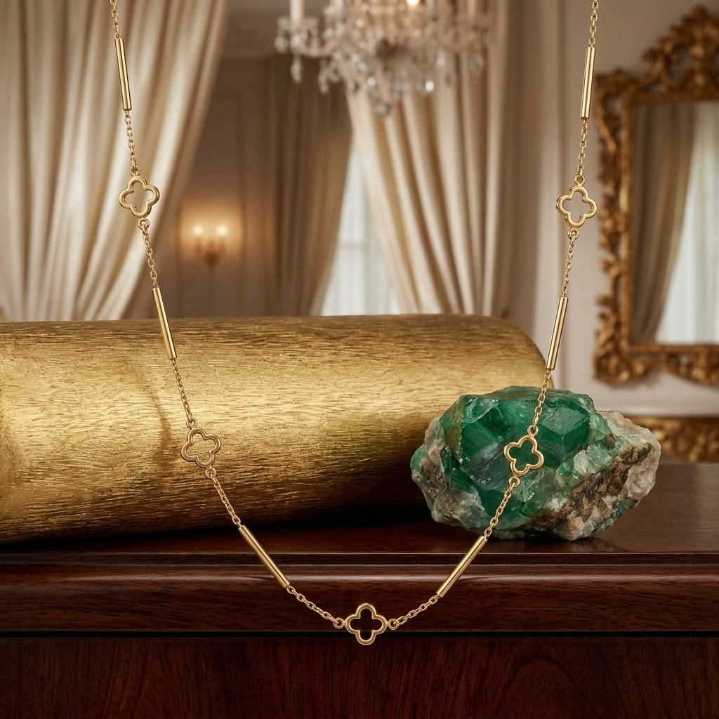 18K Gelbgold Halskette Kleeblatt & Stab – Edle italienische Handwerkskunst (42cm)