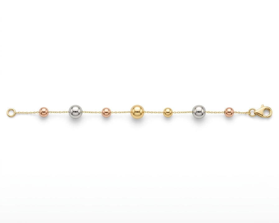Tri-tone 18k Italian gold bracelet by Almas Jewellery Vienna featuring polished links and elegant design.