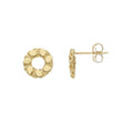 Minimalist 14kt gold circular symbol huggies earrings by Almas Jewellery Vienna, close-up of sleek gold hoops.
