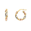 Tri-color twisted tube hoop earrings by Almas Jewellery Vienna, showcasing a stylish, multi-tone design with twisted hoop detail.